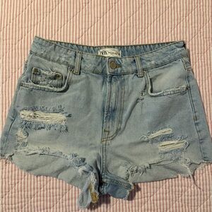 Zara Light Blue Distressed Denim Cutoff Shorts